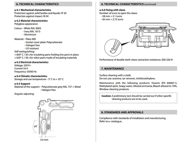 Технические характеристики розеток  Legrand IN MATIC